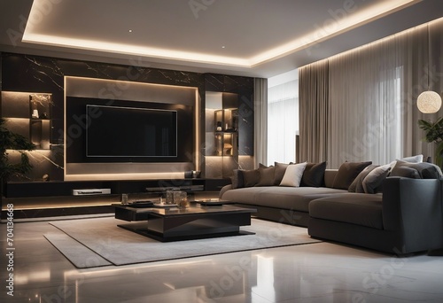 Elegant and luxury interior open living room concept with TV, wall, marble floor, table © FrameFinesse