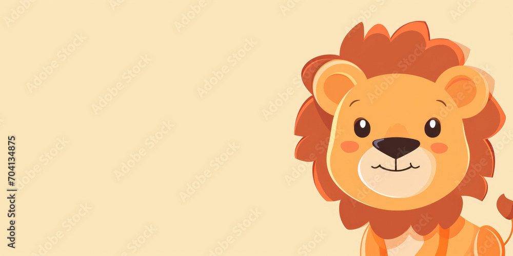 Cute lion with happy positive smiling expression. Wide banner copy space on side. Clean background in only one colour Cute lion with happy positive smiling expression. Wide banner copy space on side. Clean background in only one colour