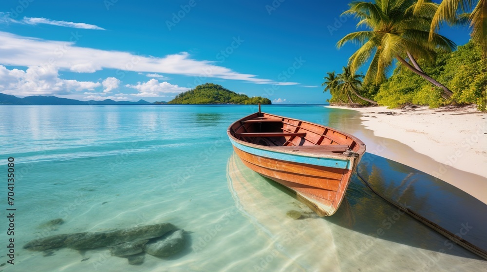 Wooden boat on a tropical beach with palm trees