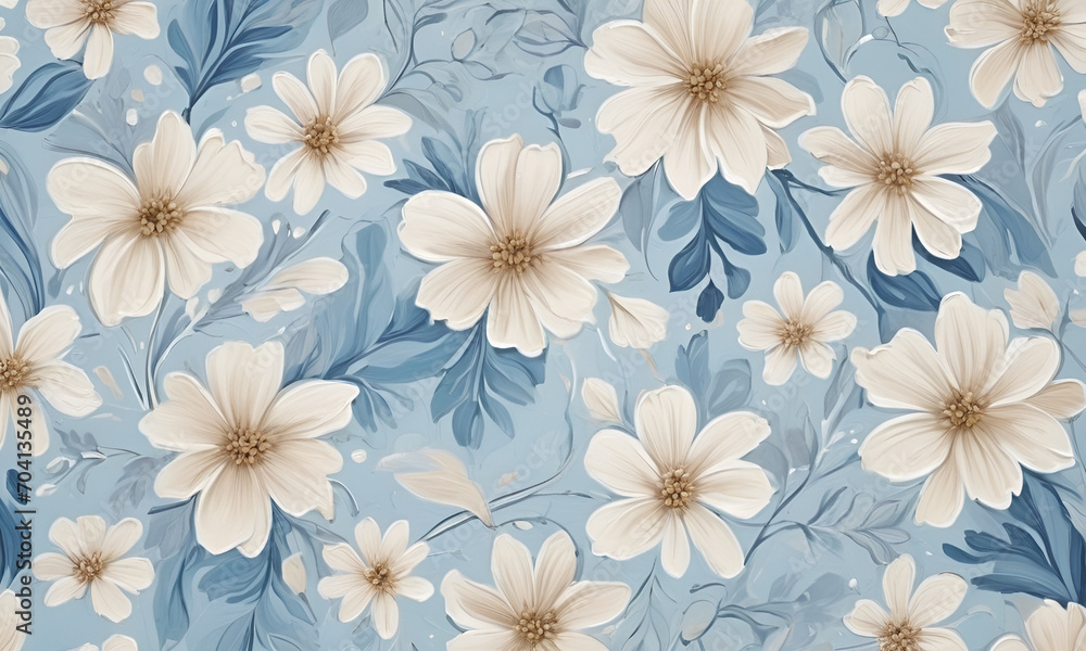 Loose abstract florals soothing dripp paint with neutral blue, light oak and creamy white, pattern art background