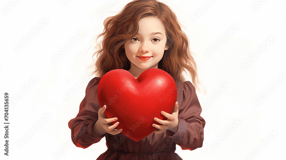 Beautiful girl holding a red heart in her hands on a white background Beautiful girl holding a red heart in her hands on a white background