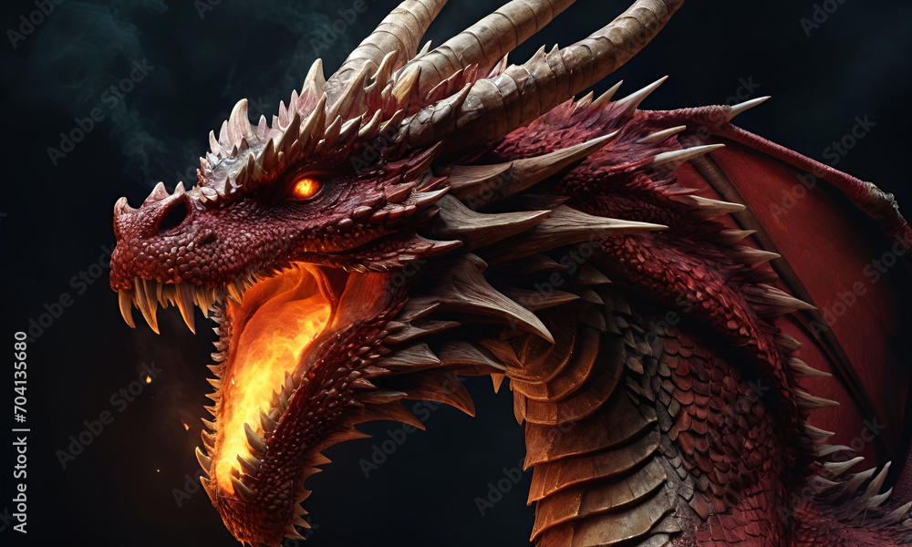 Red giant dragon breathing fire on dark background. Mythology creature portrait. Fantasy art Red giant dragon breathing fire on dark background. Mythology creature portrait. Fantasy art