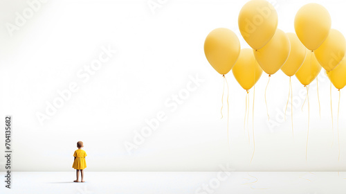 International Childhood Cancer day (ICCD) support for children and adolescents with cancer. Child among yellow balloons, yellow color symbol of the Problem of childhood cancer. photo