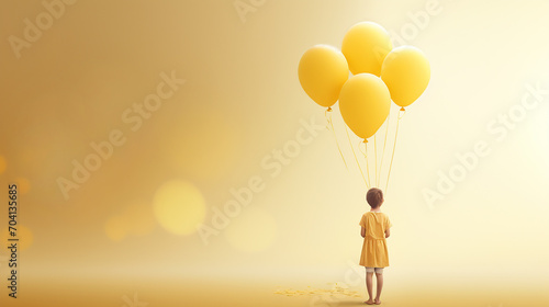 International Childhood Cancer day (ICCD) support for children and adolescents with cancer. Child among yellow balloons, yellow color symbol of the Problem of childhood cancer. photo