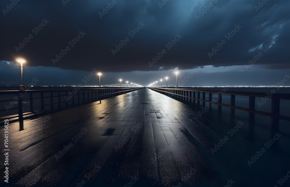 Night city view and bridge in dark atmosphere