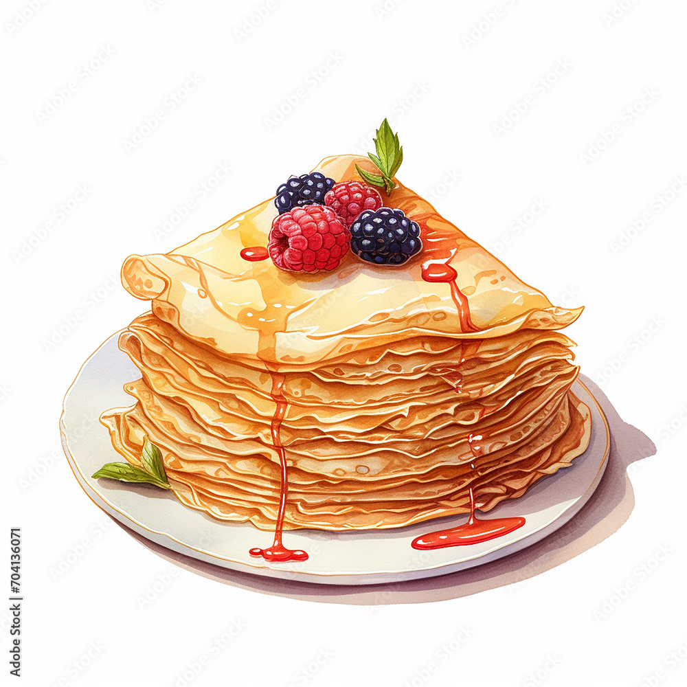 Appetizing crepe with berries on a white background. Butter week, crepe week, chesefare week or maslenitca .
