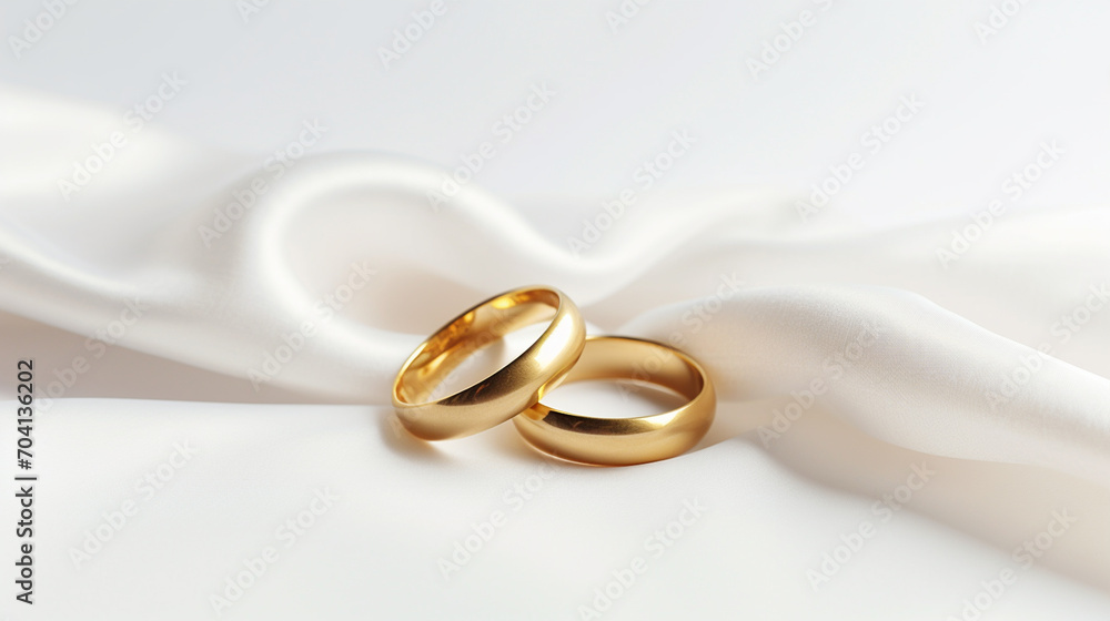 Wedding rings on a white background with copy space. International day of marriage agencies.