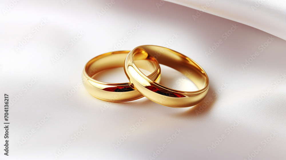 Wedding rings on a white background with copy space. International day of marriage agencies.