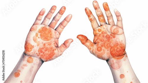 The hands are colored with orange and purple spots. Symbol of Psoriasis Day. Also a symbol of friendship and trust. Happy Friendship Day. Hand drawing colorful watercolor hand.