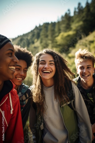 Group of diverse teenagers laughing and smiling together in nature