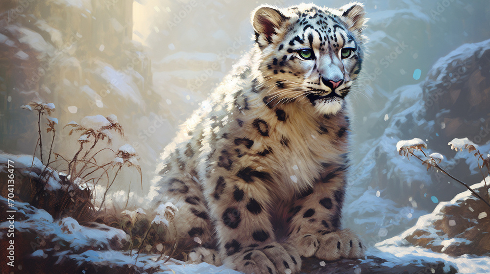 Snow leopard close-up in snowy mountains. An endangered animal species listed on the IUCN Red List.