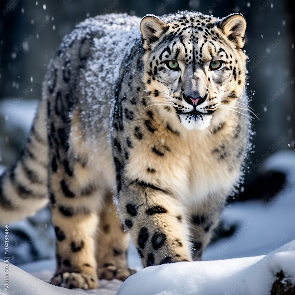 Snow leopard close-up in snowy mountains. An endangered animal species listed on the IUCN Red List.