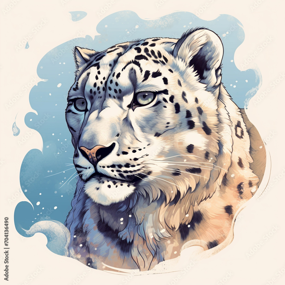 Snow leopard drawn style close-up on a white background. International Snow Leopard Day.