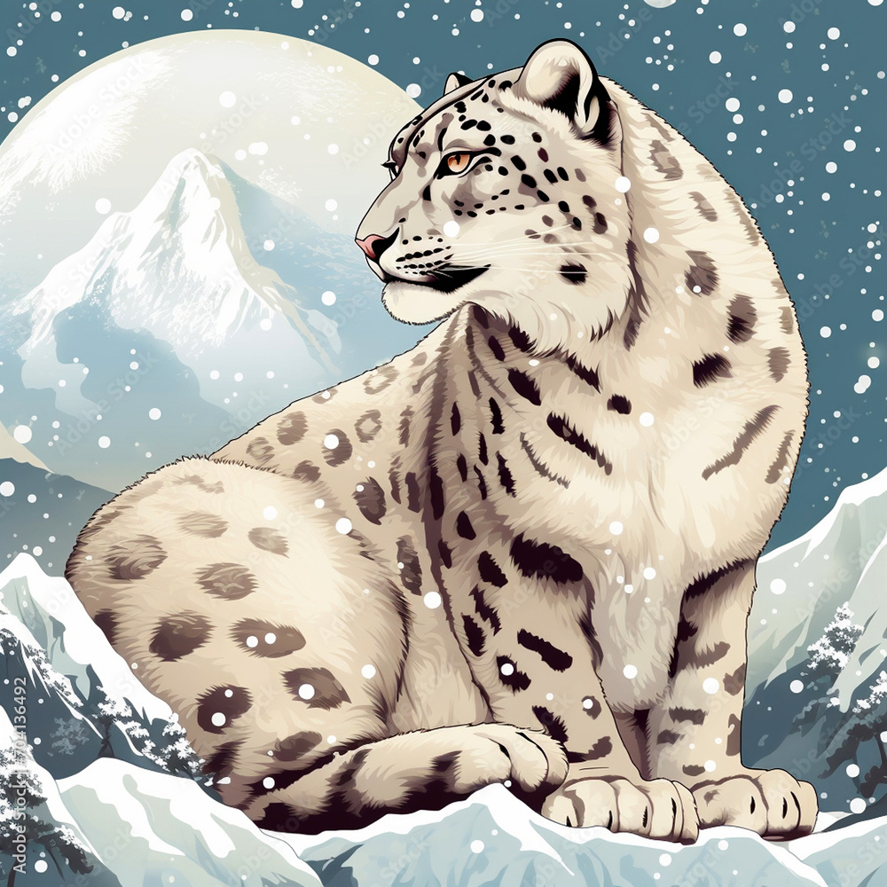 Snow leopard close-up in snowy mountains. An endangered animal species listed on the IUCN Red List.