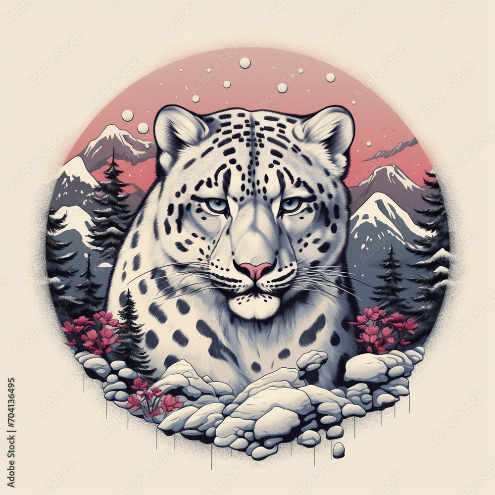 Snow leopard drawn style close-up on a white background. International Snow Leopard Day.