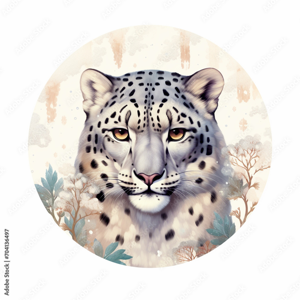 Snow leopard drawn style close-up on a white background. International Snow Leopard Day.