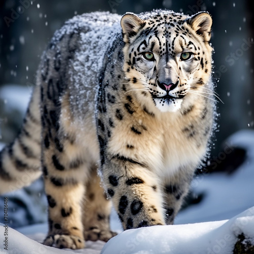 Obraz na płótnie Snow leopard close-up in snowy mountains. An endangered animal species listed on the IUCN Red List. w salonie