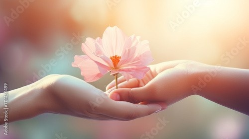 Obraz na płótnie World Kindness Day banner, November 13th. Hand holding a flower with blurred colorful background. w salonie