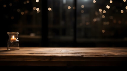 Empty dark wooden table in front of abstract blurred bokeh background of restaurant . can be used for display or montage your products.Mock up for space