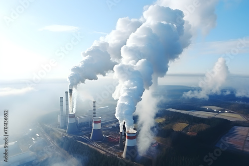 Aerial view of smokestack with smoking chimneys.