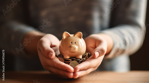 A man holds coins and a piggy bank in his hands. Pig piggy bank with gold coins pile.  Concept of saving money and using saved money wisely photo