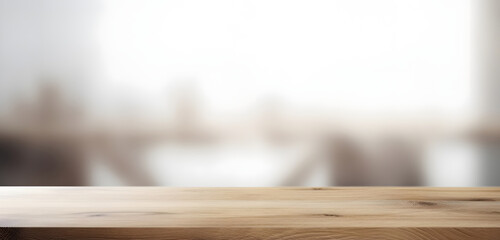Light wood table top on blur white gray abstract background - can be used for display or montage your products