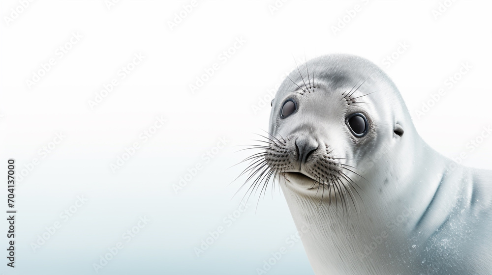 Cute seal close up view direct, minimalistic image with space for advertising. World marine mammal protection day simple image on white background.