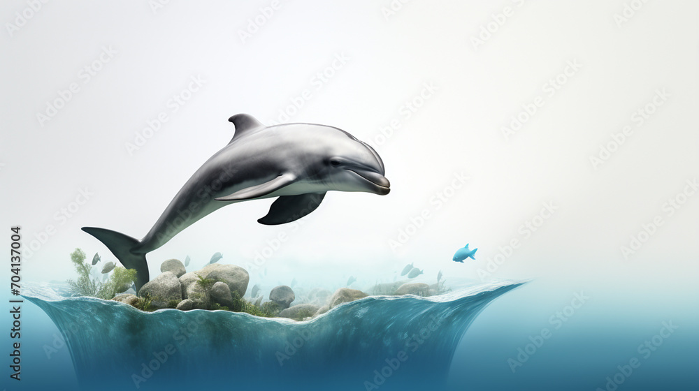 Dolphin in habitat, marine ecosystem. World marine mammal protection day simple image on white background.
