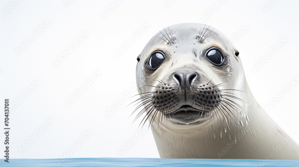 Cute seal close up view direct, minimalistic image with space for advertising. World marine mammal protection day simple image on white background.