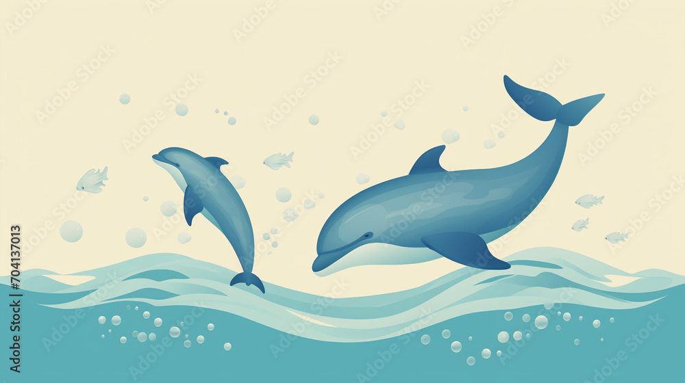 A couple of dolphins with splashes of water. World marine mammal protection day simple image on white background.
