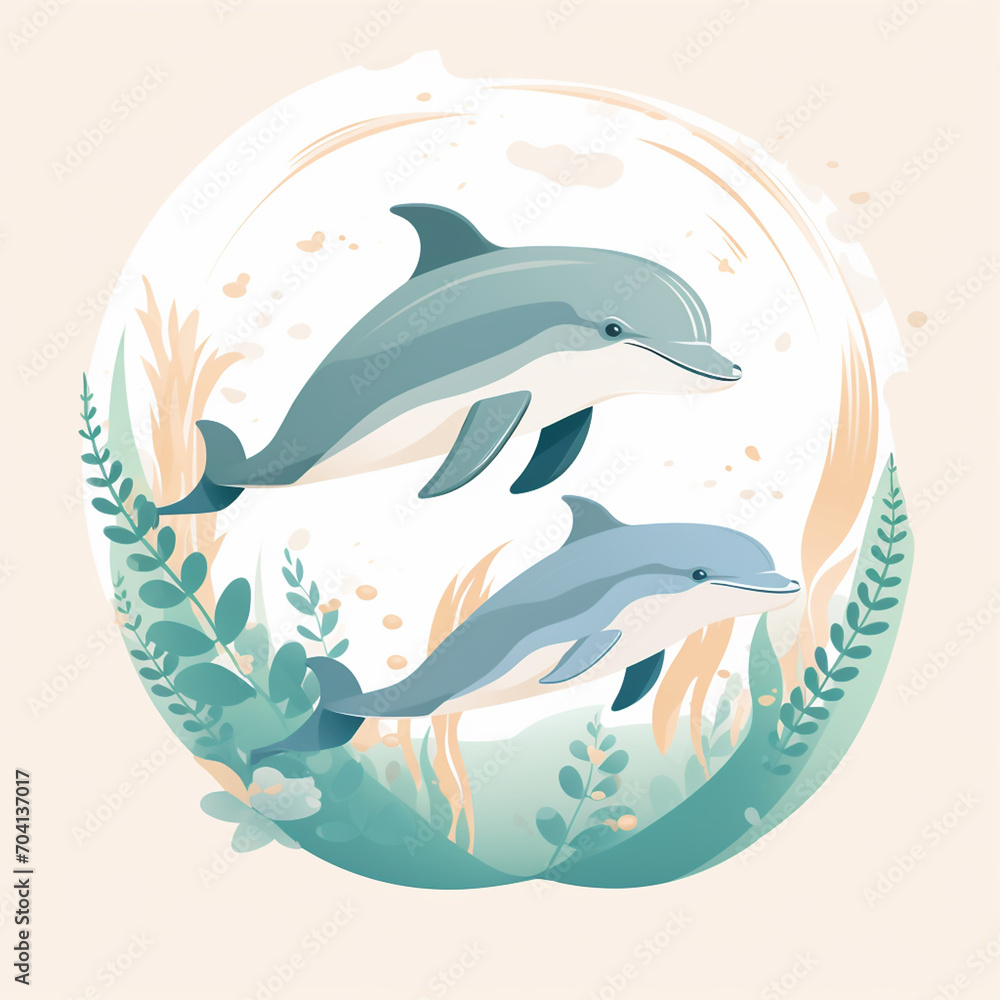 A couple of dolphins with splashes of water. World marine mammal protection day simple image on white background.