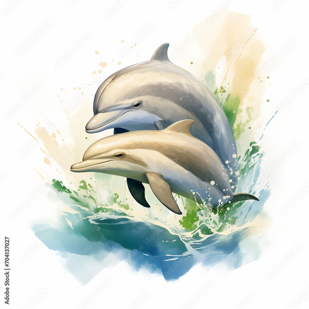 A couple of dolphins with splashes of water. World marine mammal protection day simple image on white background.