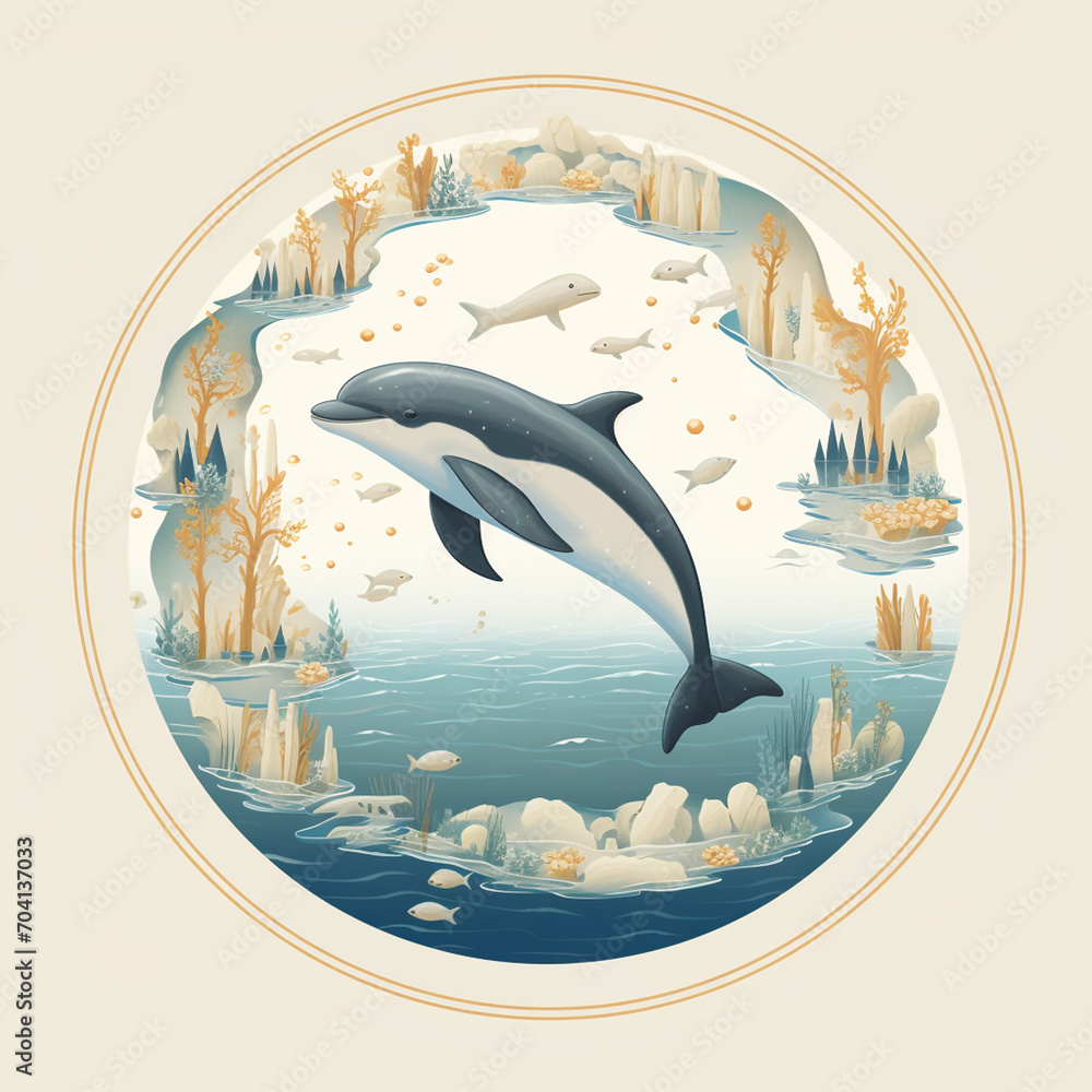 Dolphin in habitat, marine ecosystem. World marine mammal protection day simple image on white background.