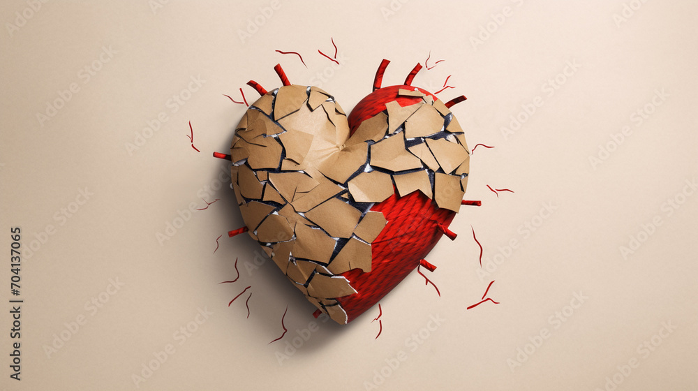 Cardboard heart, world heart day, world stroke day. Heart in cracks close-up.