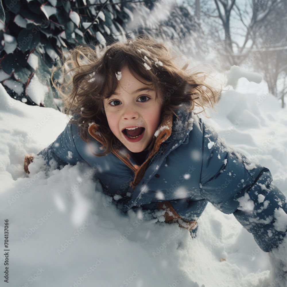 The child enjoys the winter, lying in the snow happy.