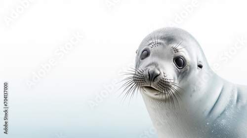 Obraz na płótnie Cute seal close up view direct, minimalistic image with space for advertising. World marine mammal protection day simple image on white background. w salonie
