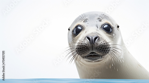 Obraz na płótnie Cute seal close up view direct, minimalistic image with space for advertising. World marine mammal protection day simple image on white background. w salonie