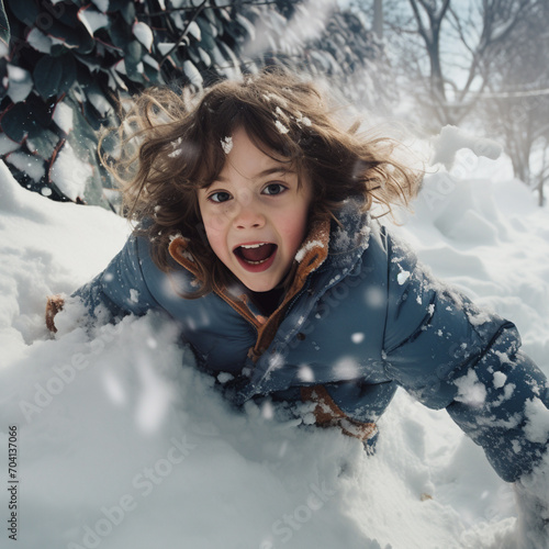 Obraz na płótnie The child enjoys the winter, lying in the snow happy. w salonie