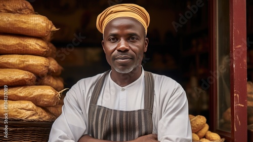 African middle age male standing in front of bakery