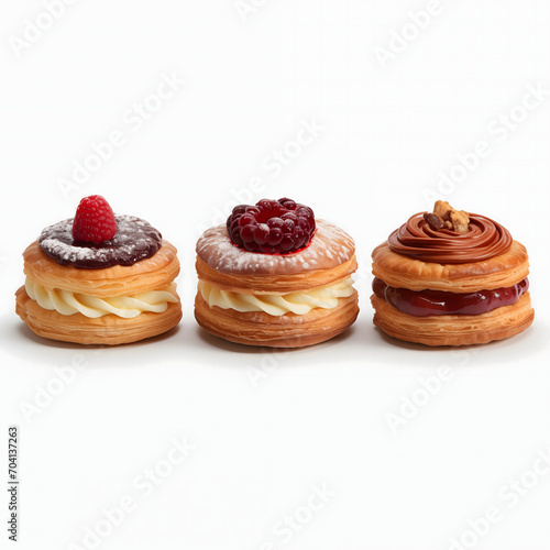 small pastries with toppings and raspberry sauce, cream and chocolate cream 