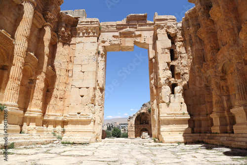 Baalbek, Lebanon - looking out from the inside of the ruins of the ancient roman temple on clear sunny day