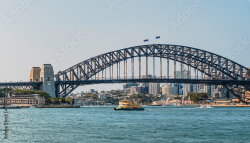 The Sydney Harbor Bridge is a heritage-listed steel through arch bridge,  nicknamed The Coathanger because of its arch-based design and carries rail, vehicular, bicycle and pedestrian. Australia, 2019 © Wagner