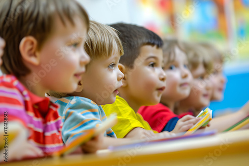 Little children reading books on floor, cheerful school students sitting on the floor in a modern classroom interior,