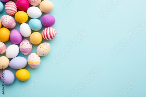 Happy easter decoration background, colorful eggs, flat lay , copy space - generative ai