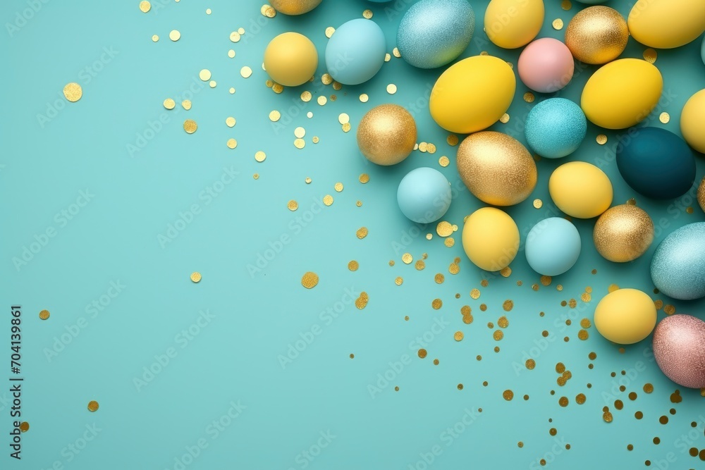 Happy easter decoration background, colorful eggs, flat lay , copy space - generative ai