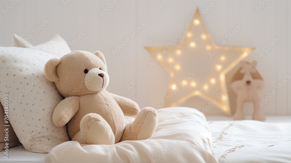 A cute teddy bear sitting on a bed with a star-shaped night light.