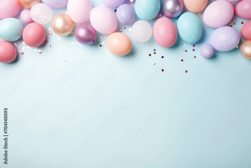 Happy easter decoration background, colorful eggs, flat lay , copy space - generative ai