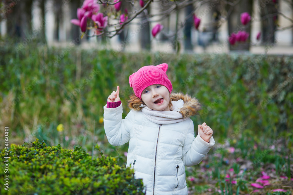 Preschooler girl looking at pink magnolia in full bloom on a street of Paris, France