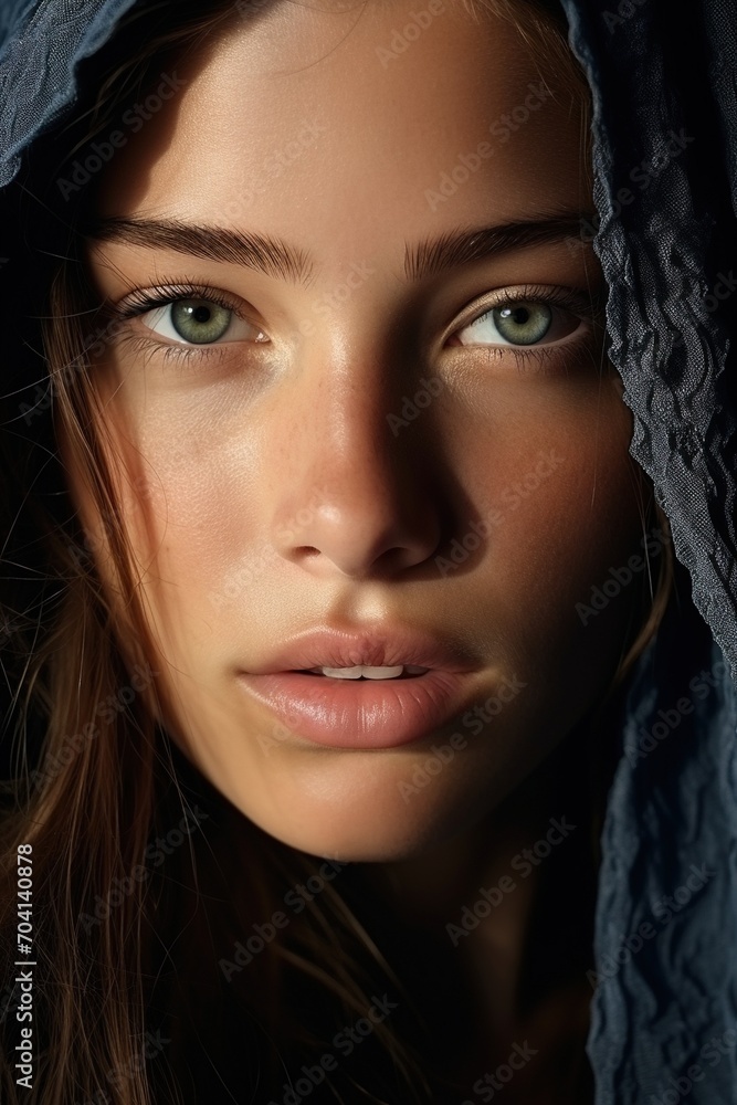 Portrait of a young woman wearing a blue hood Portrait of a young woman wearing a blue hood
