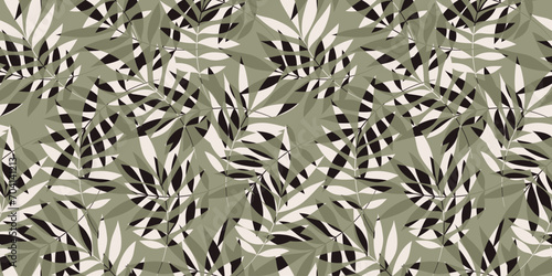 Leaves Seamless Vector Pattern. Watercolor Tropic Palm Leaves Background, Brown Jungle Print